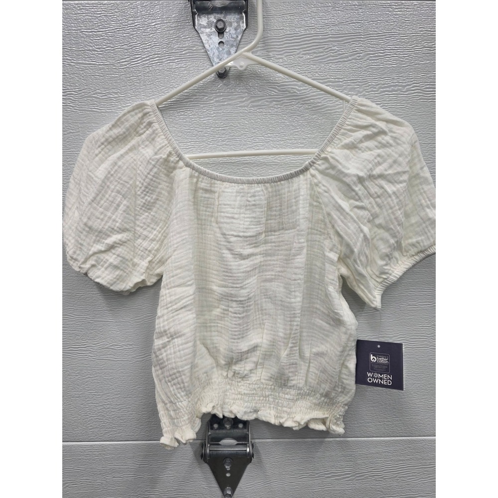 Grayson Threads Girls XL Off White Gauze Puff Sleeve Smocked Hem Crop Top NWT